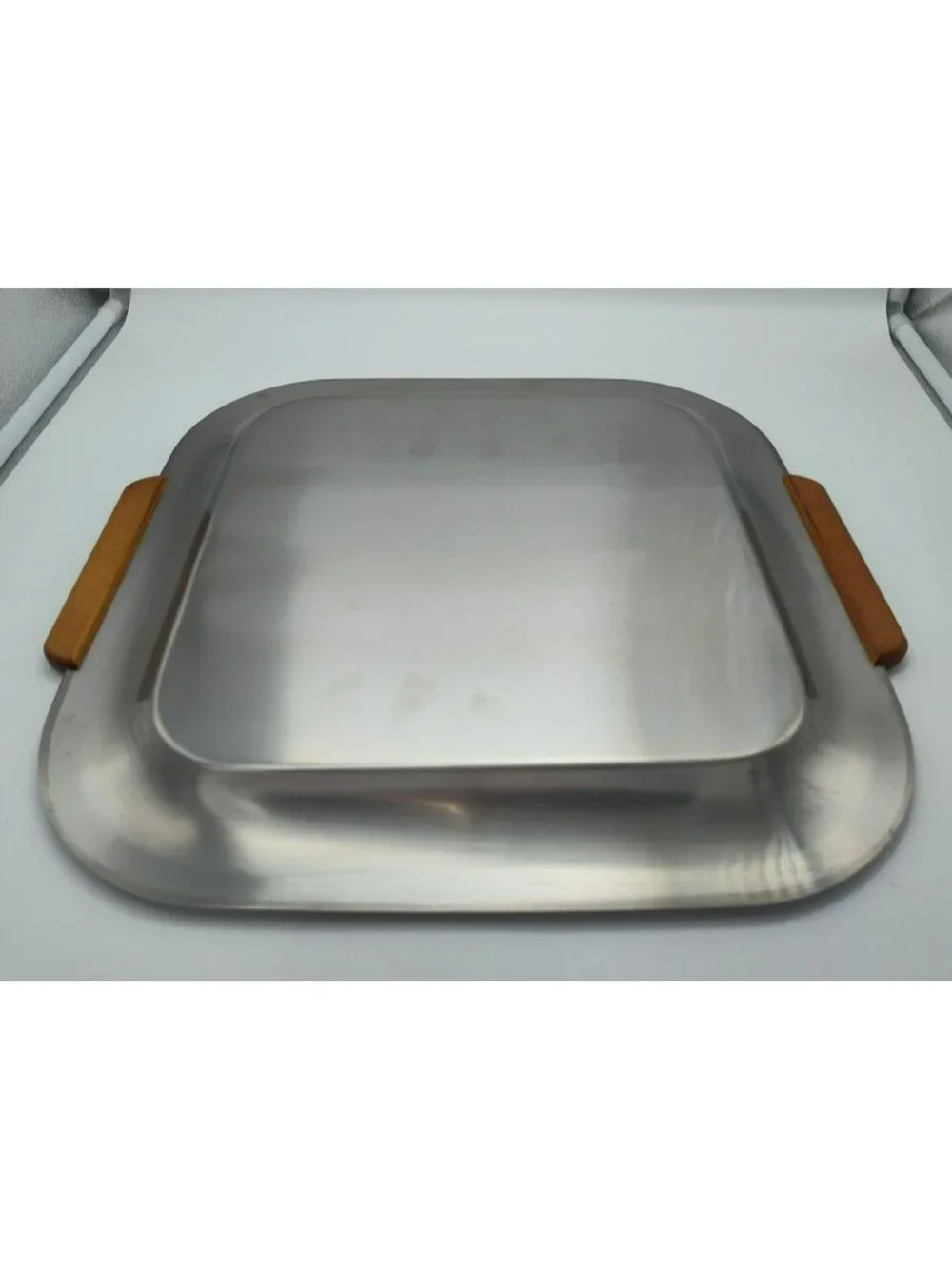 Vintage Oneida 15 Stainless Steel Serving Tray Wood Handles Mid Century Bar Tray